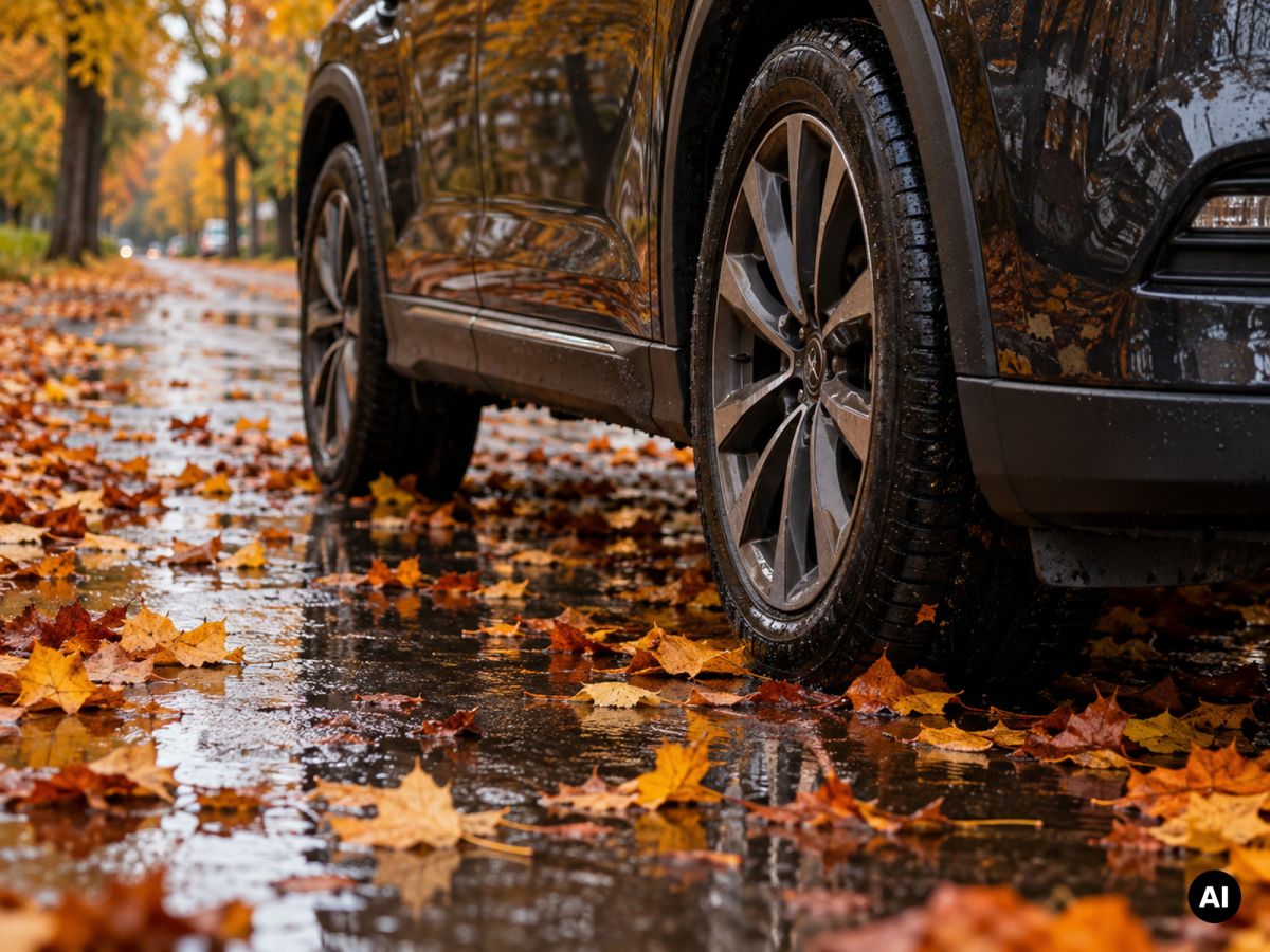 Ein Auto auf nasser Straße mit Herbstlaub © KI-generierter Inhalt
