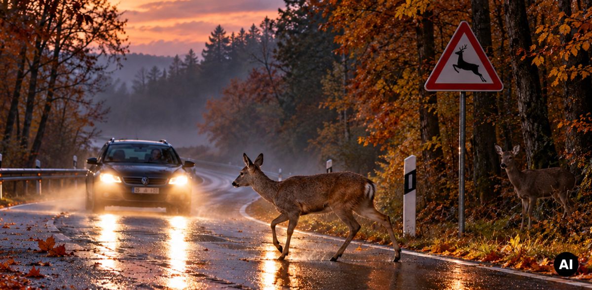 Wildwechsel im Herbst zwingt Autofahrer zu mehr Vorsicht© KI generierter Inhalt