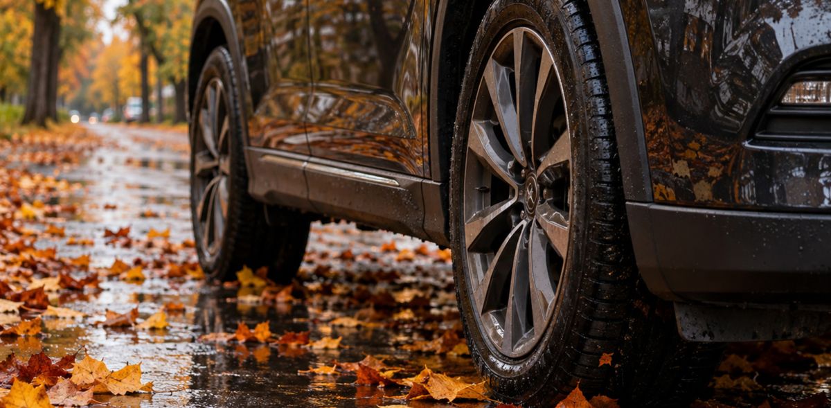 Ein Auto auf nasser Straße mit Herbstlaub © KI-generierter Inhalt