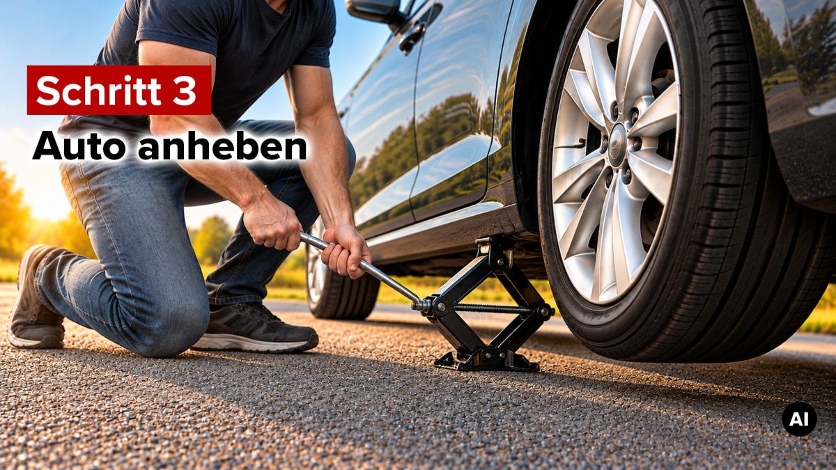Reifenwechsel Schritt 3: Auto anheben Reifenwechsel Schritt 3: Auto anheben© KI generierter Inhalt