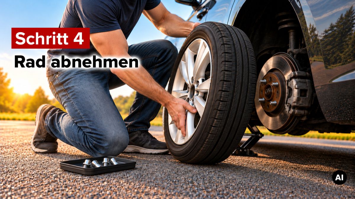 Reifenwechsel Schritt 4: Rad abnehmen© KI generierter Inhalt