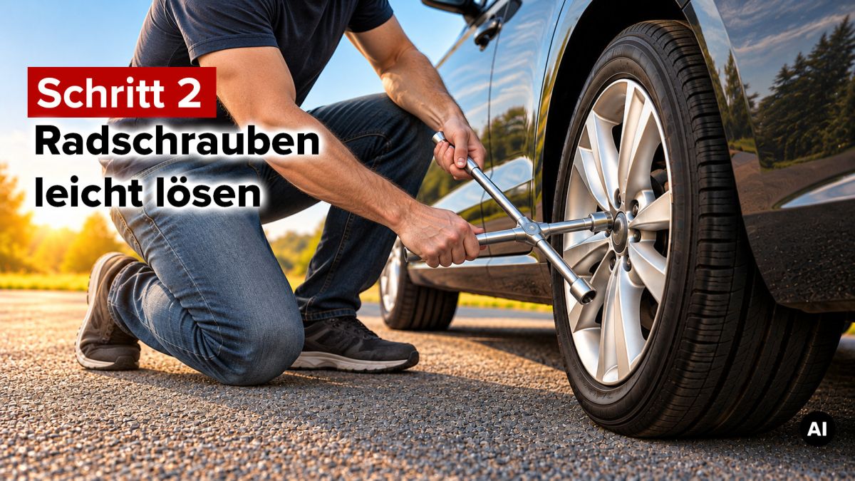 Reifenwechsel Schritt 2: Radschrauben leicht lösenKI generierter Inhalt