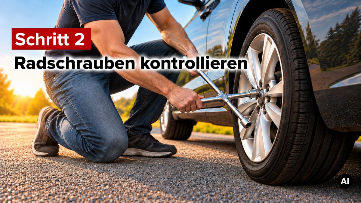 Nach dem Reifenwechsel Schritt 2: Radschrauben kontrollieren Nach dem Reifenwechsel Schritt 2: Radschrauben kontrollieren© KI generierter Inhalt