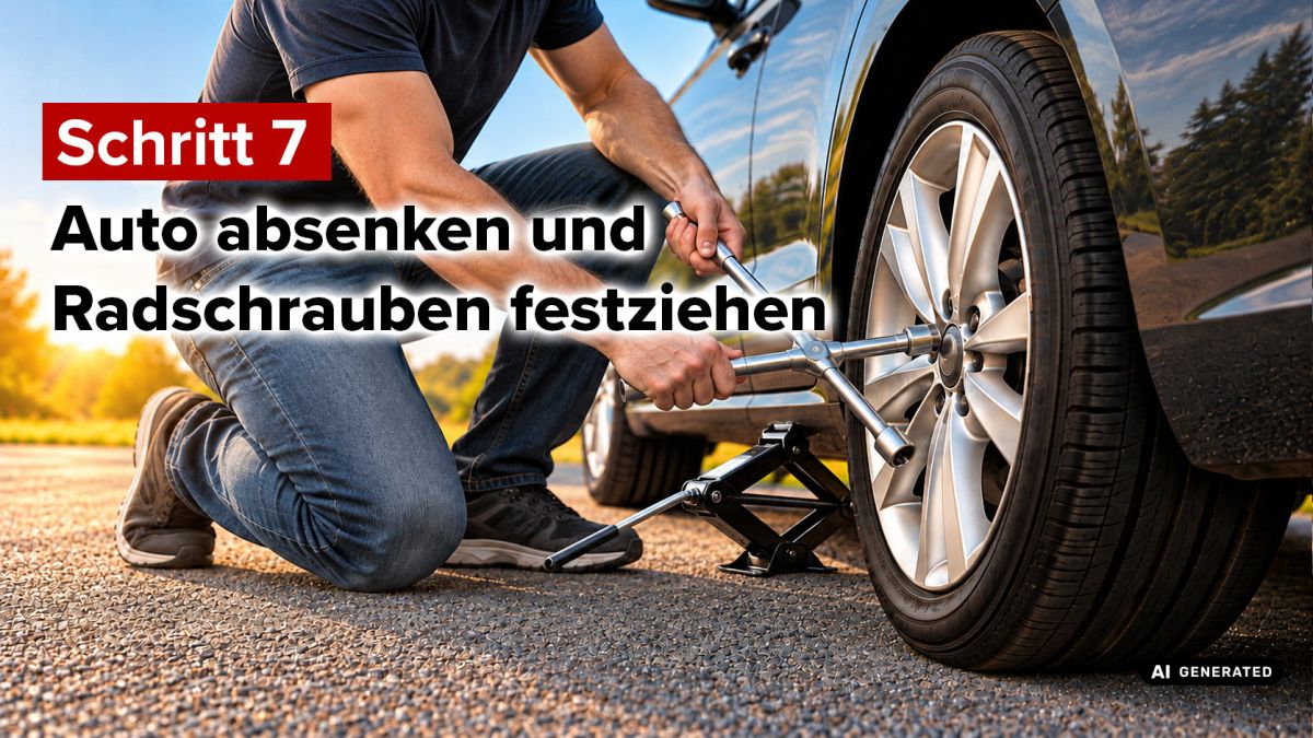 Reifenwechsel Schritt 7: Auto absenken und Radschrauben festziehen© KI generierter Inhalt