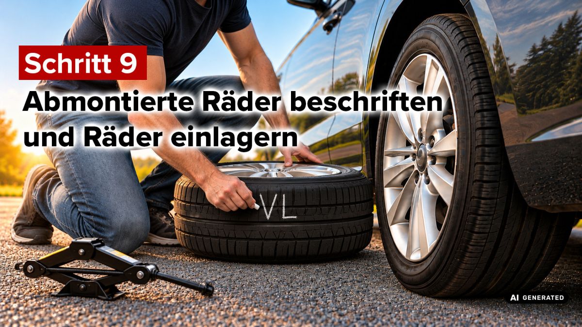 Reifenwechsel Schritt 9: Abmontierte Räder beschriften und Räder einlagern© KI generierter Inhalt
