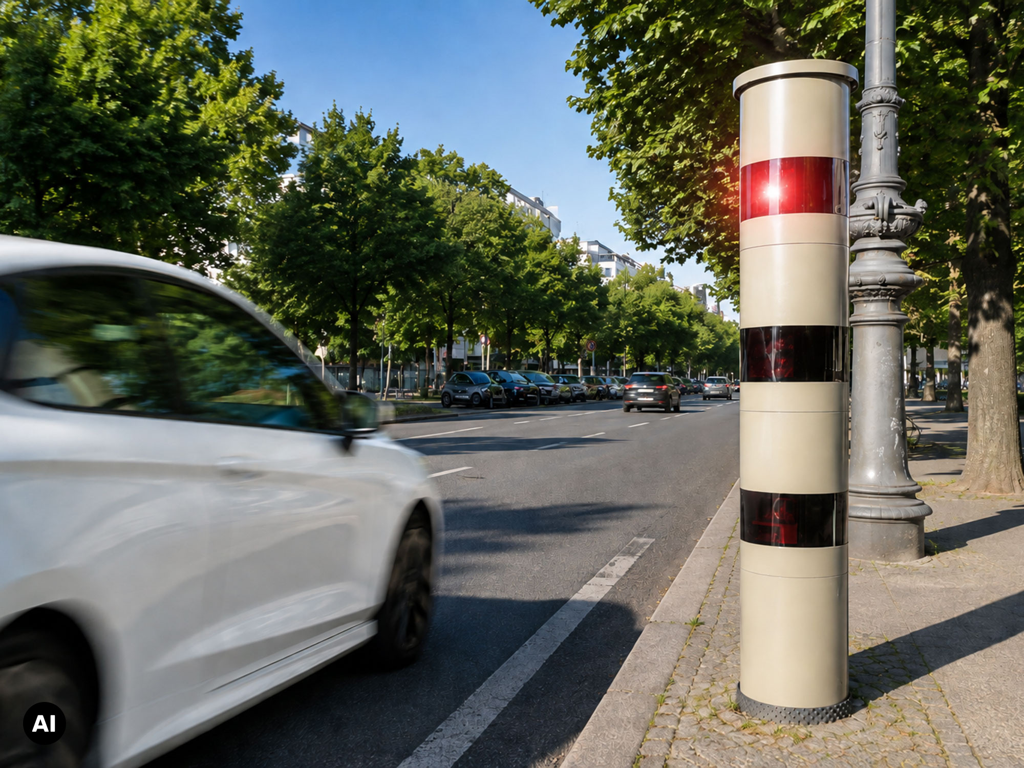 Weisses Auto wird in Deutschland geblitzt© KI generierter Inhalt