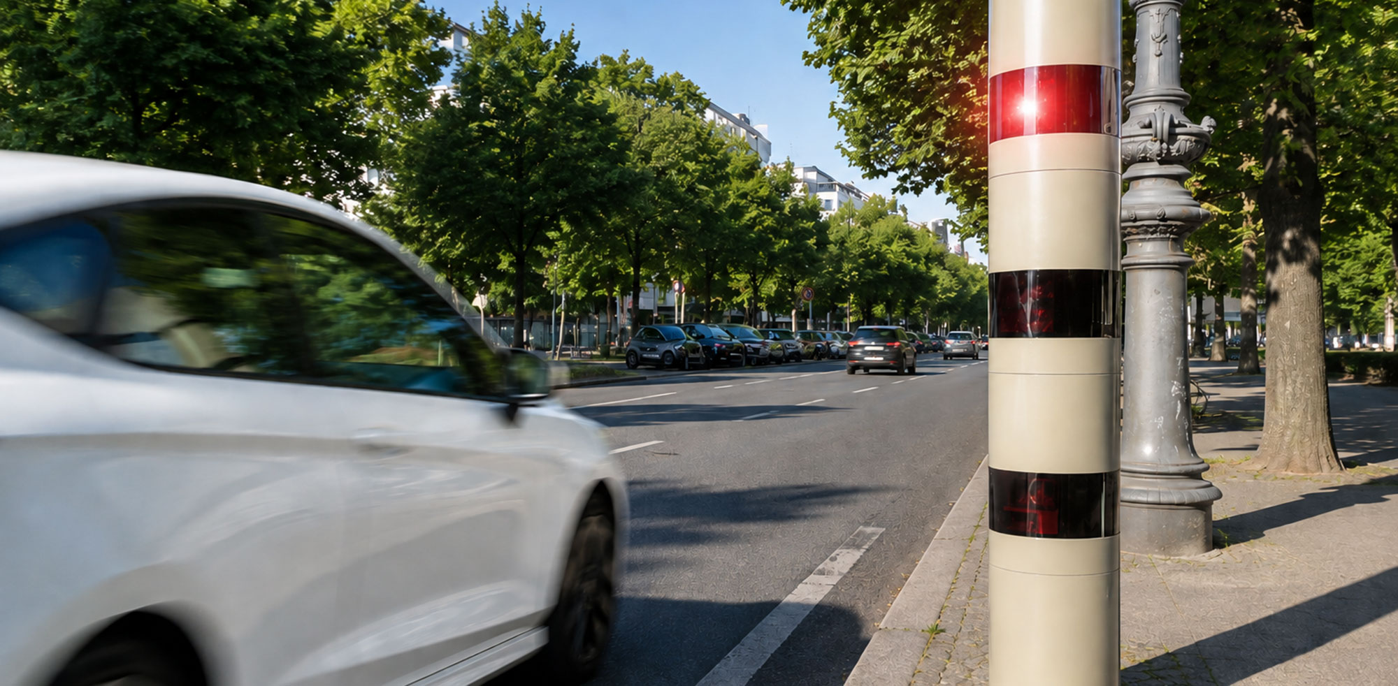Weisses Auto wird in Deutschland geblitzt© Ki generierter Inhalt