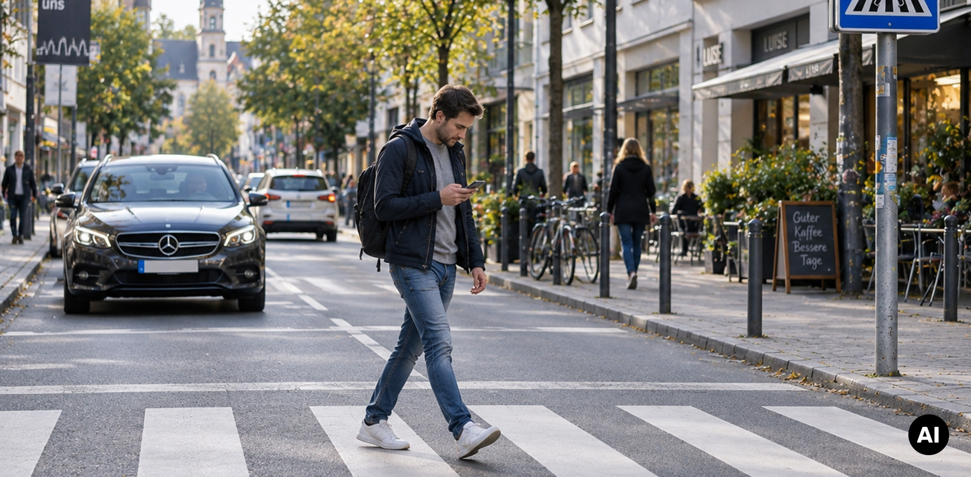 Man schaut auf Smartphon, während er einen Zebrastreifen nutzt KI-generierter Inhalt