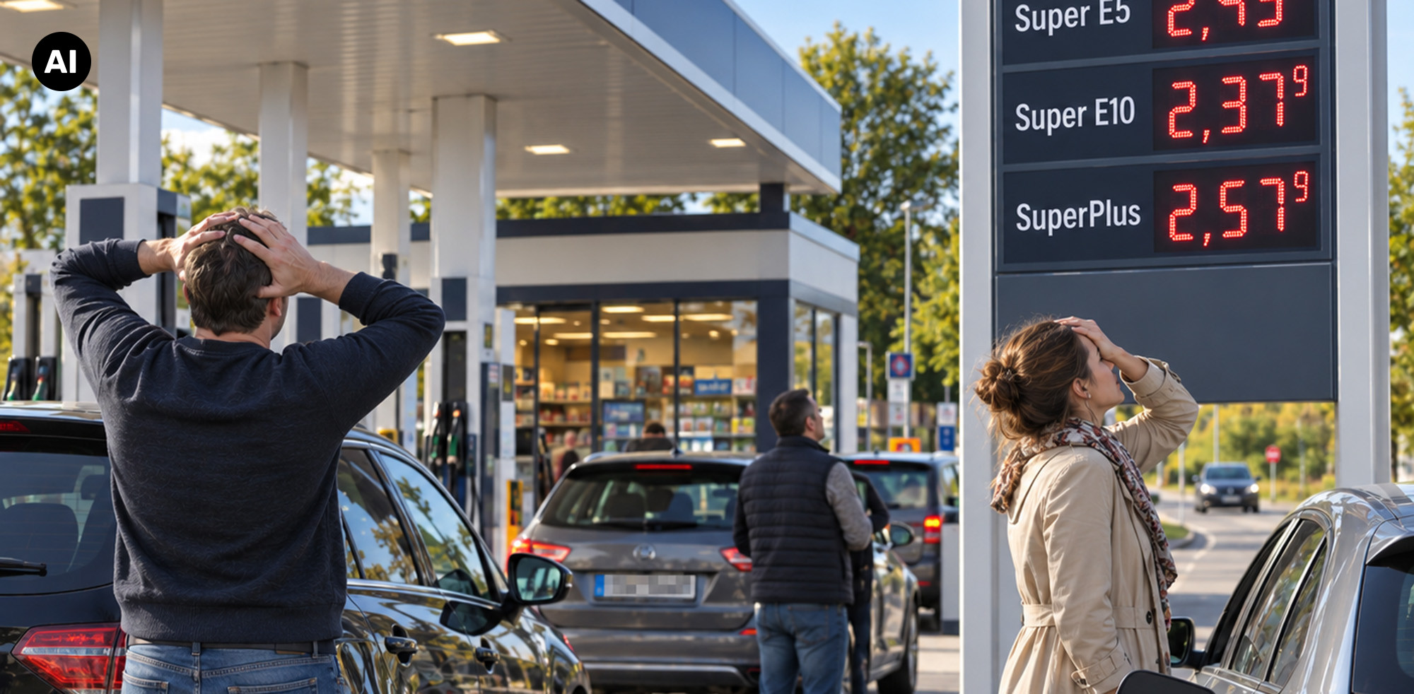 Verärgerte Autofahrer an der Tankstelle KI-generierter Inhalt