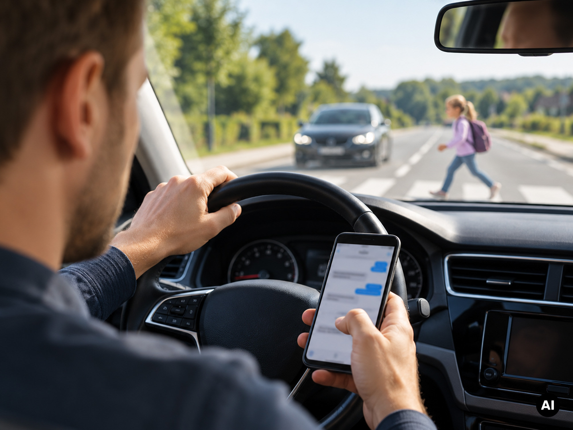 Autofahrer wird durch sein Handy am Steuer abgelenkt Autofahrer wird durch sein Handy am Steuer abgelenkt© KI generierter Inhalt
