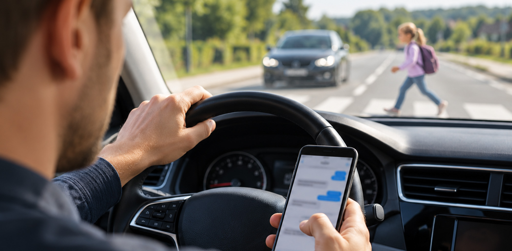 Autofahrer wird durch sein Handy am Steuer abgelenkt Autofahrer wird durch sein Handy am Steuer abgelenkt© KI generierter Inhalt