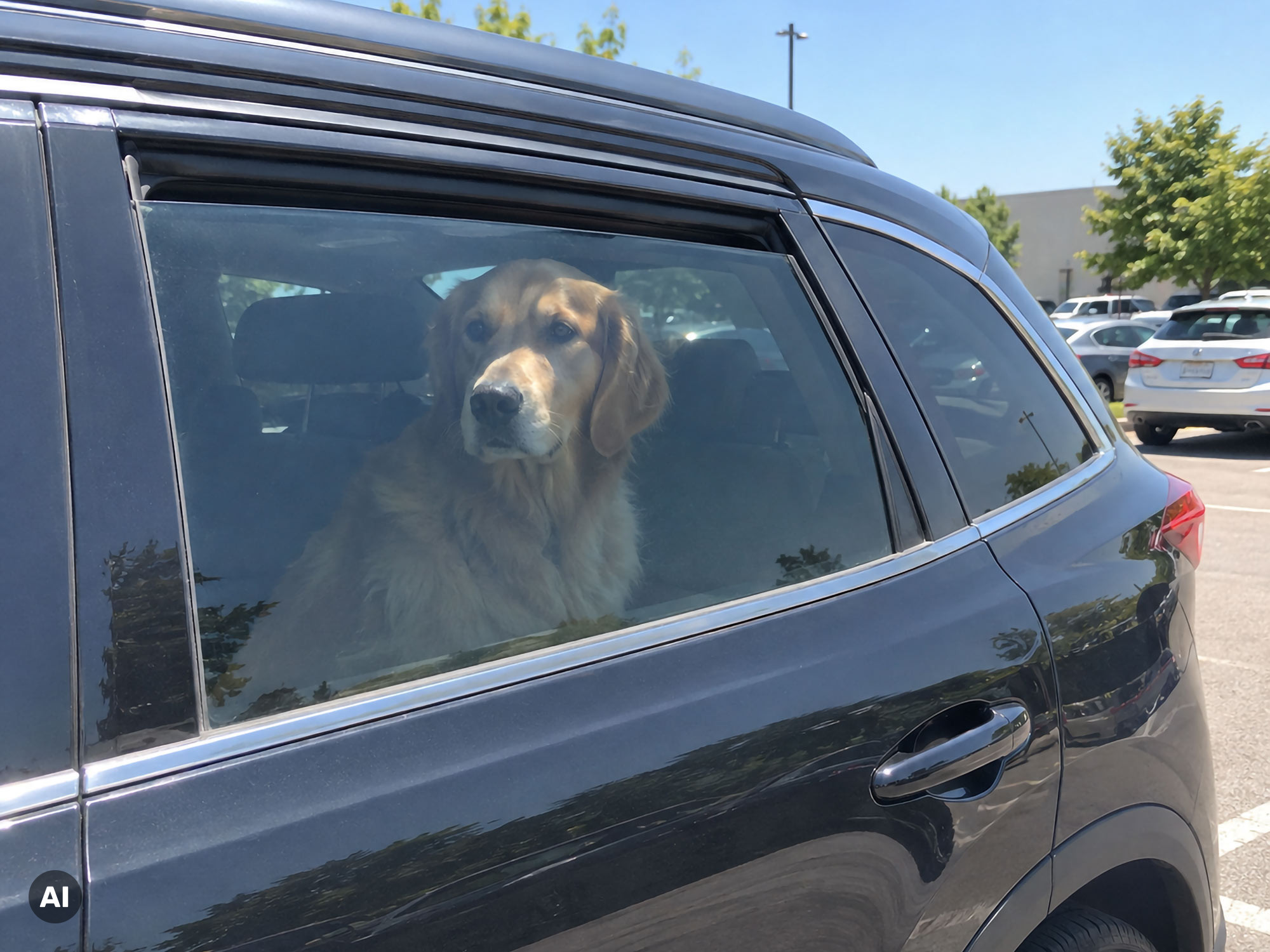 Hund im Auto bei Hitze und das Fenster ist einen Spalt geöffnet Hund im Auto bei Hitze und das Fenster ist einen Spalt geöffnet© KI generierter Inhalt