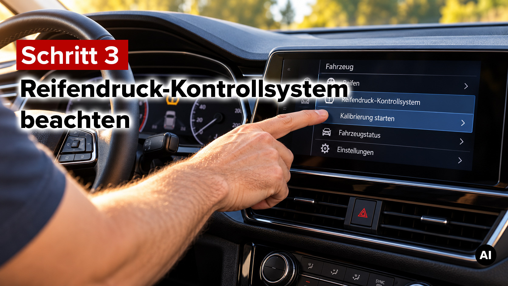 Nach dem Reifenwechsel Schritt 3: Reifendruck-Kontrollsystem beachten© KI generierter Inhalt